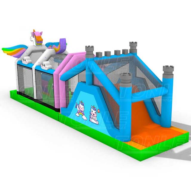mini custom kids inflatable unicorn obstacle course games bounce house