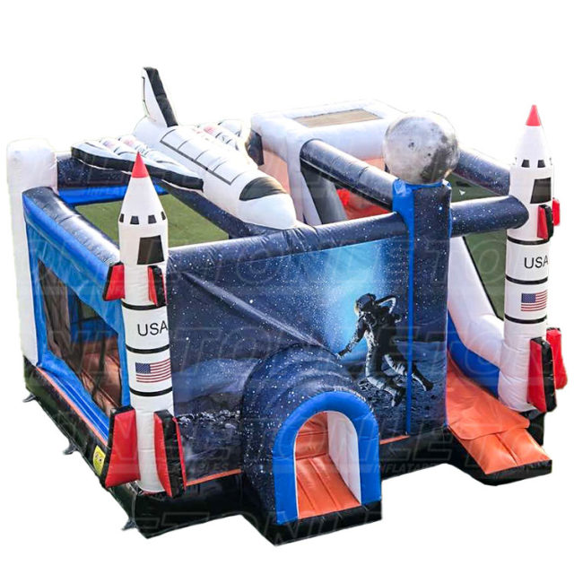 Customized outer space rocket theme moonwalk inflatable castle with dry slide combo