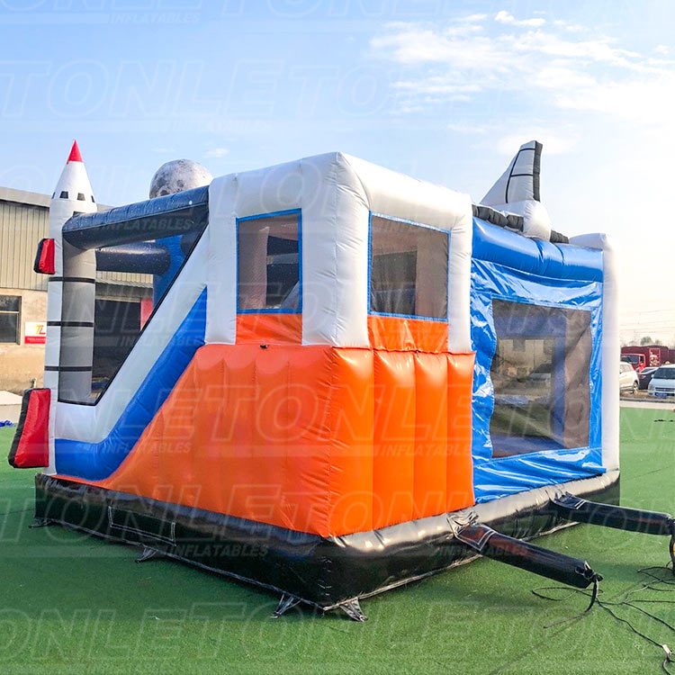 Customized outer space rocket theme moonwalk inflatable castle with dry slide combo
