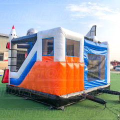 Customized outer space rocket theme moonwalk inflatable castle with dry slide combo