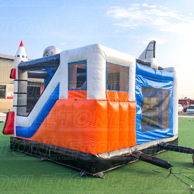 Customized outer space rocket theme moonwalk inflatable castle with dry slide combo