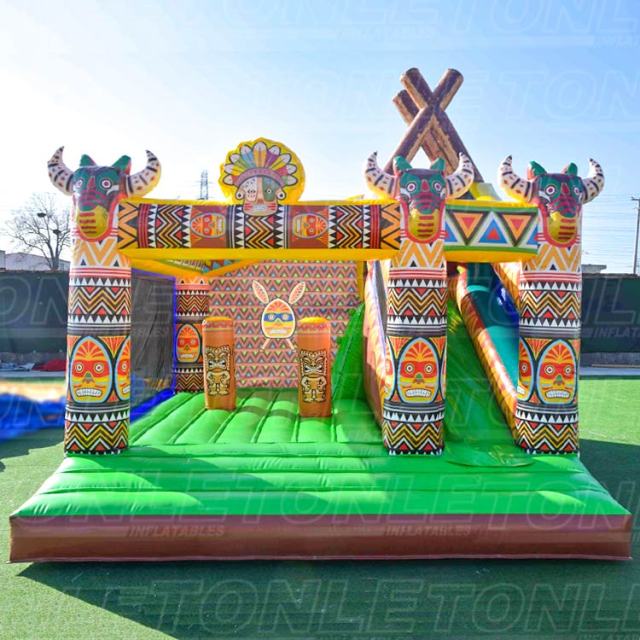 Customized bouncy castle tribal theme with dry slide combo for sale