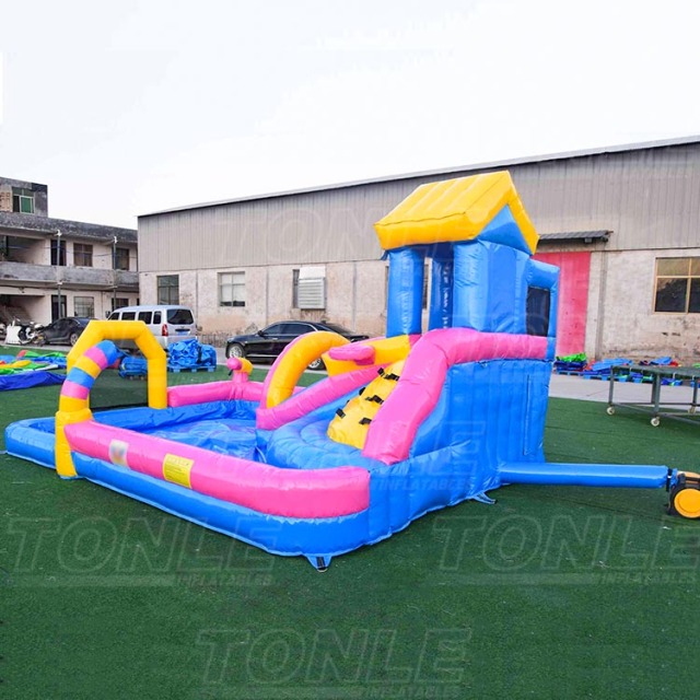 Custom small backyard inflatable water slide with rock climbing, small water gun for kids