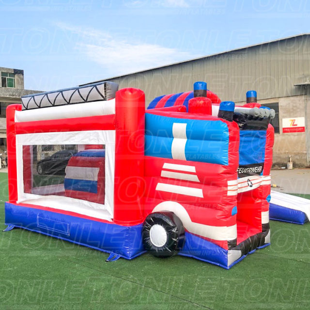 New design custom kids fire truck theme bouncy castle inflatable bounce house with slide for sale