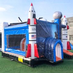 Customized outer space rocket theme moonwalk inflatable castle with dry slide combo
