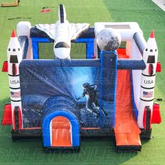 Customized outer space rocket theme moonwalk inflatable castle with dry slide combo