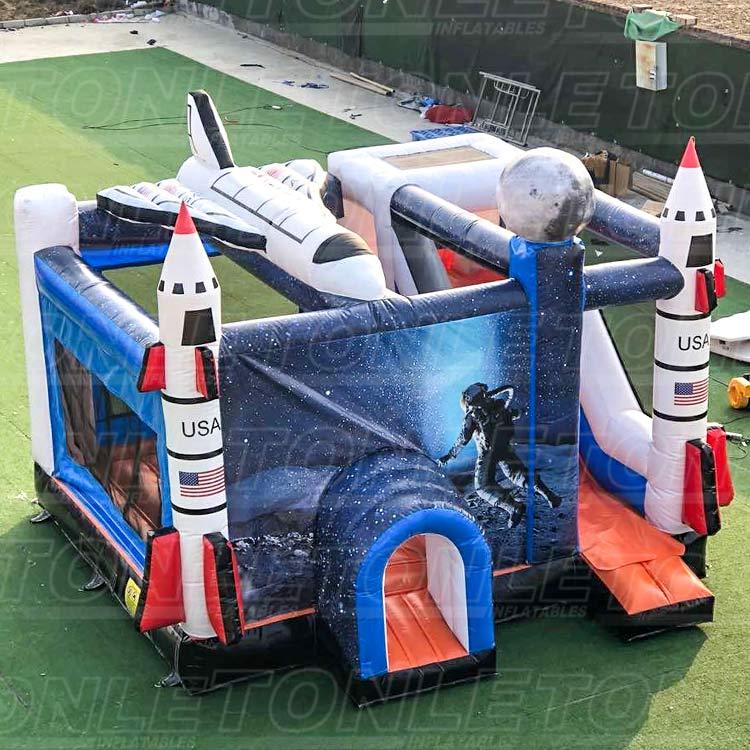 Customized outer space rocket theme moonwalk inflatable castle with dry slide combo