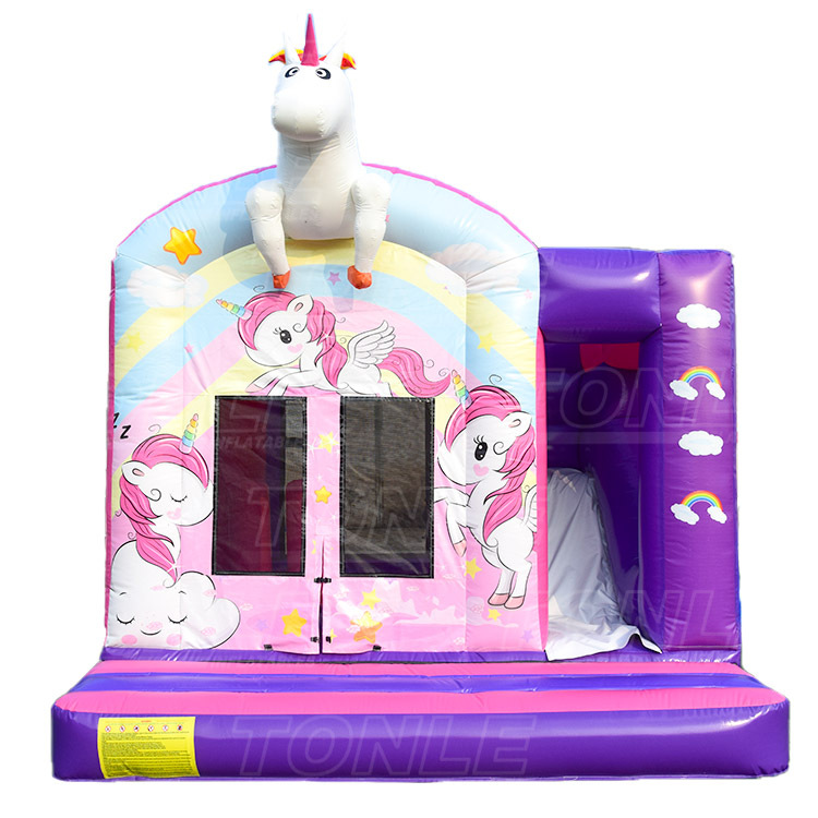 Commercial unicorn theme kids inflatable bounce house with dry slide for sale