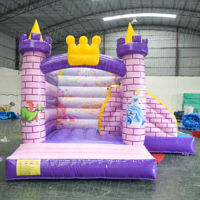 outdoor factory kids cheap inflatable pink princess bounce house with dry slide
