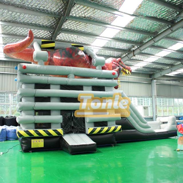 Custom T-Rex inflatable bounce house dry slide combo