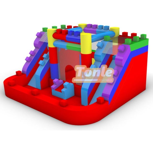 Block-themed bouncy castle slide combo with ball pit