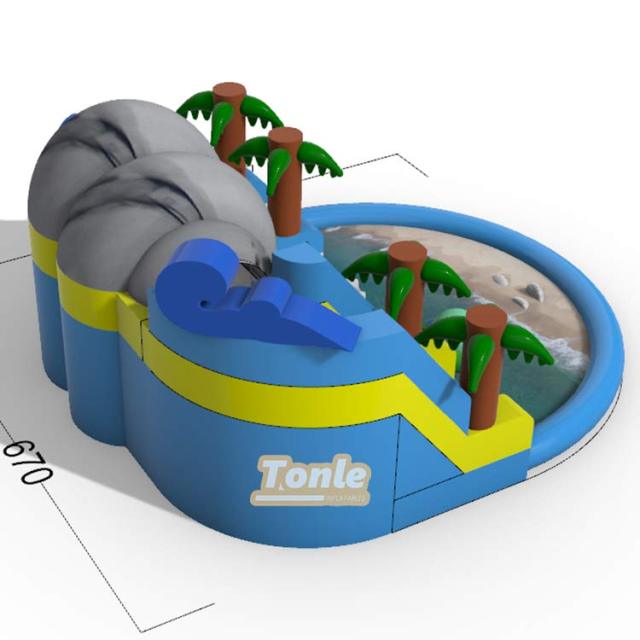 Ocean-themed palm tree inflatable slide with swimming pool