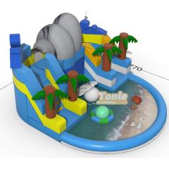 Ocean-themed palm tree inflatable slide with swimming pool