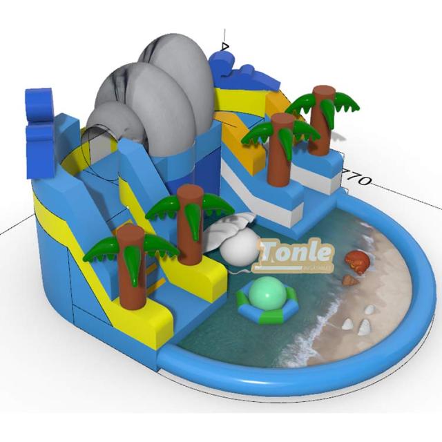 Ocean-themed palm tree inflatable slide with swimming pool