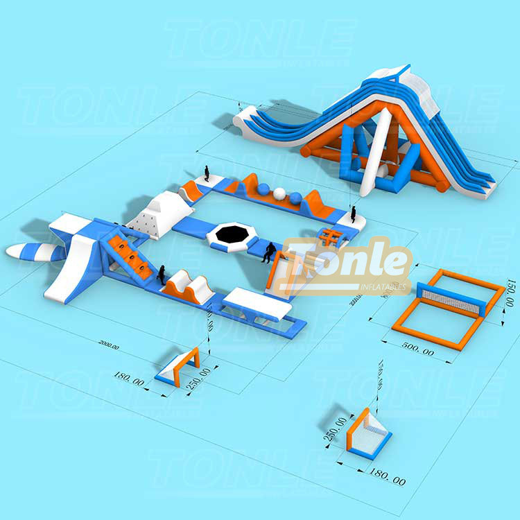 Large inflatable water park with inflatable flotation obstacles