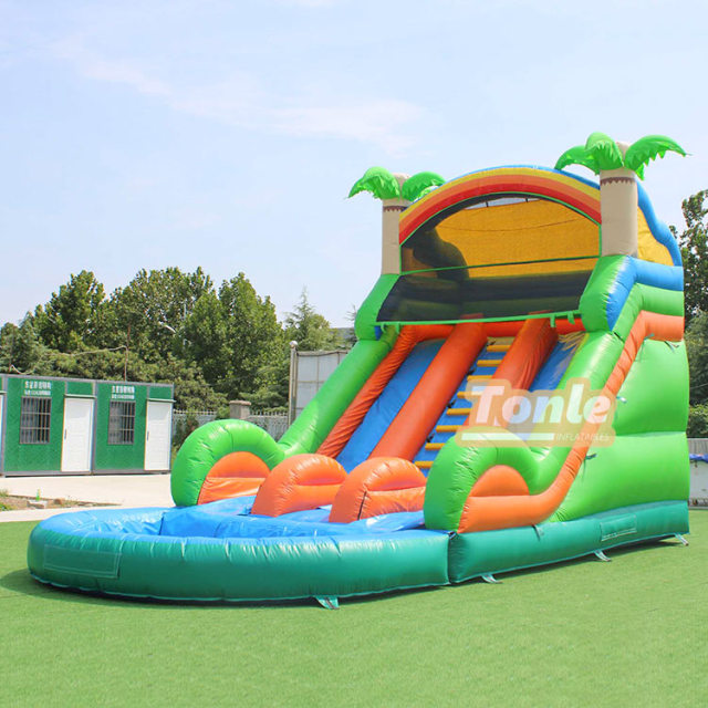 Tropical palm tree themed water slide with pool
