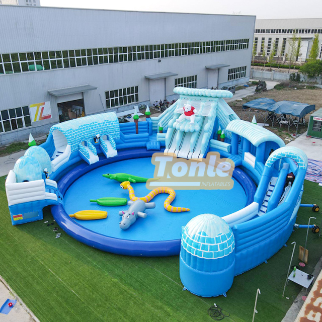 Commercial outdoor giant inflatable land water park inflatable water slide with pool