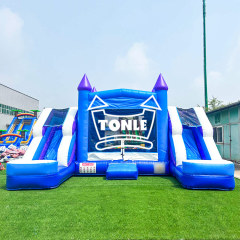 blue inflatable bounce house Castle double-lane watr slide combo