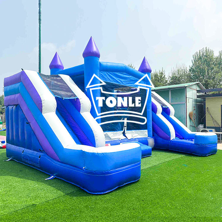 blue inflatable bounce house Castle double-lane watr slide combo