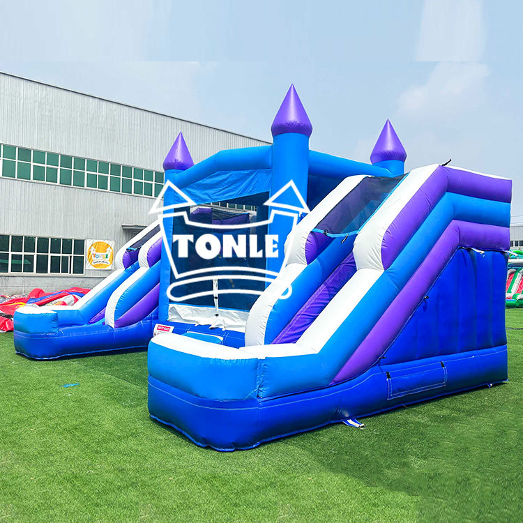 blue inflatable bounce house Castle double-lane watr slide combo