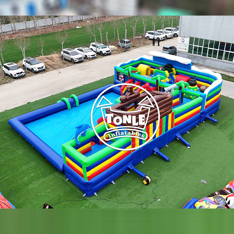 Commercial-grade pirate ship inflatable land water park for sale
