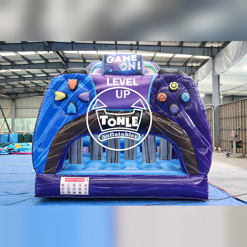 Commercial Level-Up Gamer Inflatable Obstacle Course with Climbing Wall and Slide
