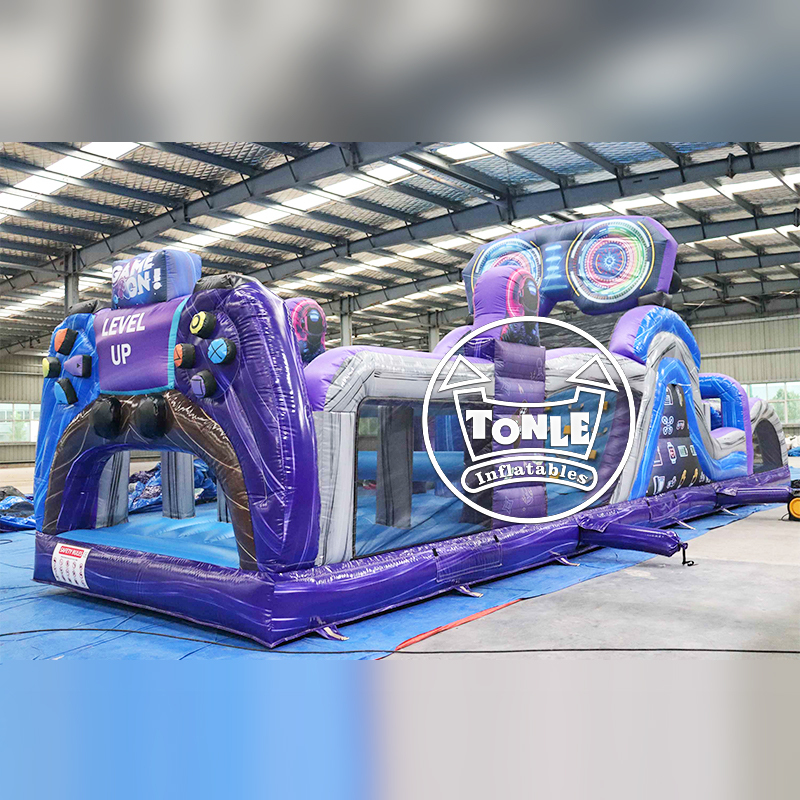 Commercial Level-Up Gamer Inflatable Obstacle Course with Climbing Wall and Slide