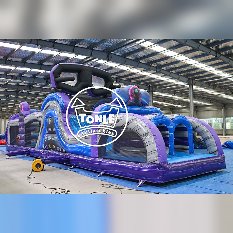Commercial Level-Up Gamer Inflatable Obstacle Course with Climbing Wall and Slide