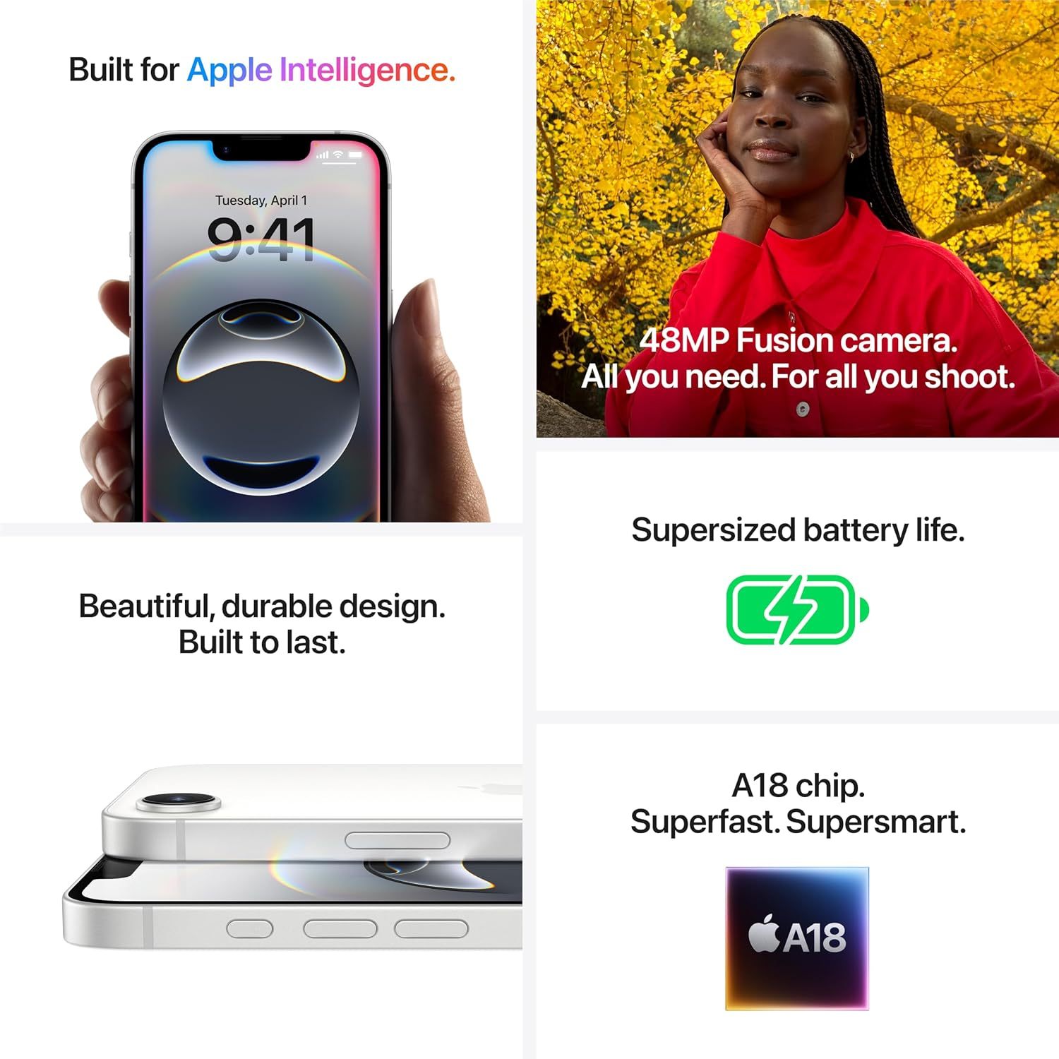 Apple iPhone 16e 128GB: Built for Apple Intelligence, A18 Chip, Supersized Battery Life, 48MP Fusion Camera, 6.1-inch Super Retina XDR Display; White