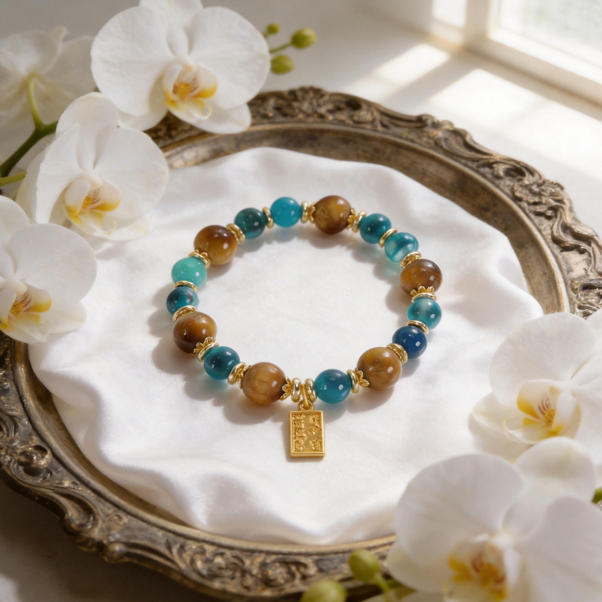 Golden Tiger Eye & Hazy Blue Sugar Heart Agate Square Bracelet Tiger’s eye approx. 10mm, agate approx. 8mm