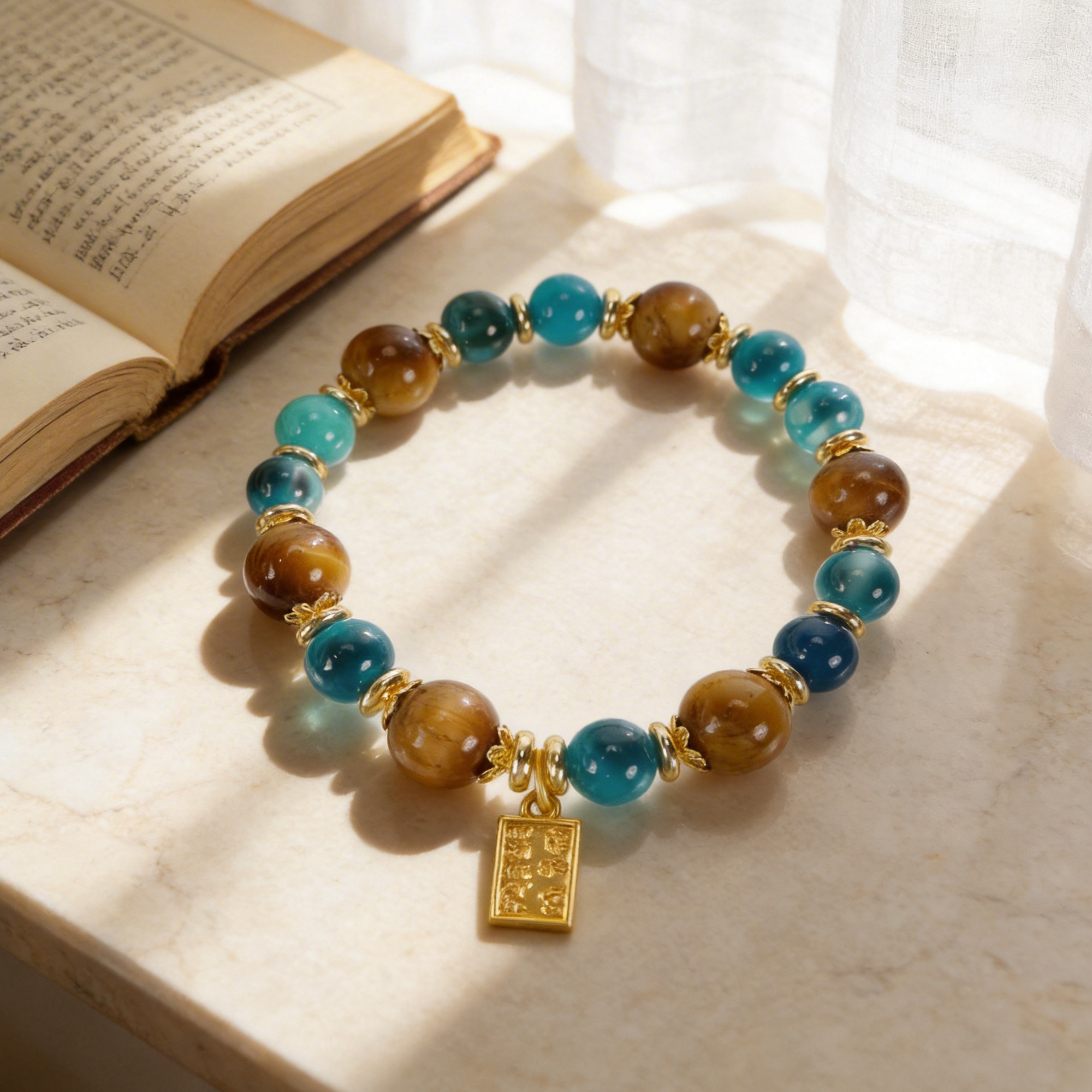 Golden Tiger Eye & Hazy Blue Sugar Heart Agate Square Bracelet Tiger’s eye approx. 10mm, agate approx. 8mm