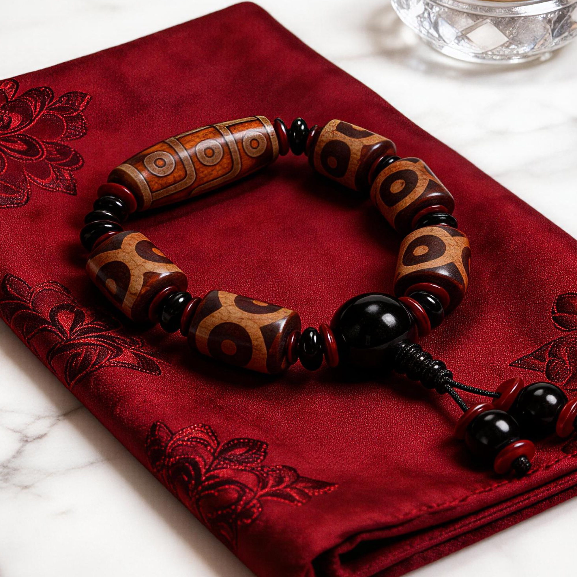Three & Nine-Eyed Dzi Agate Barrel Bead Bracelet