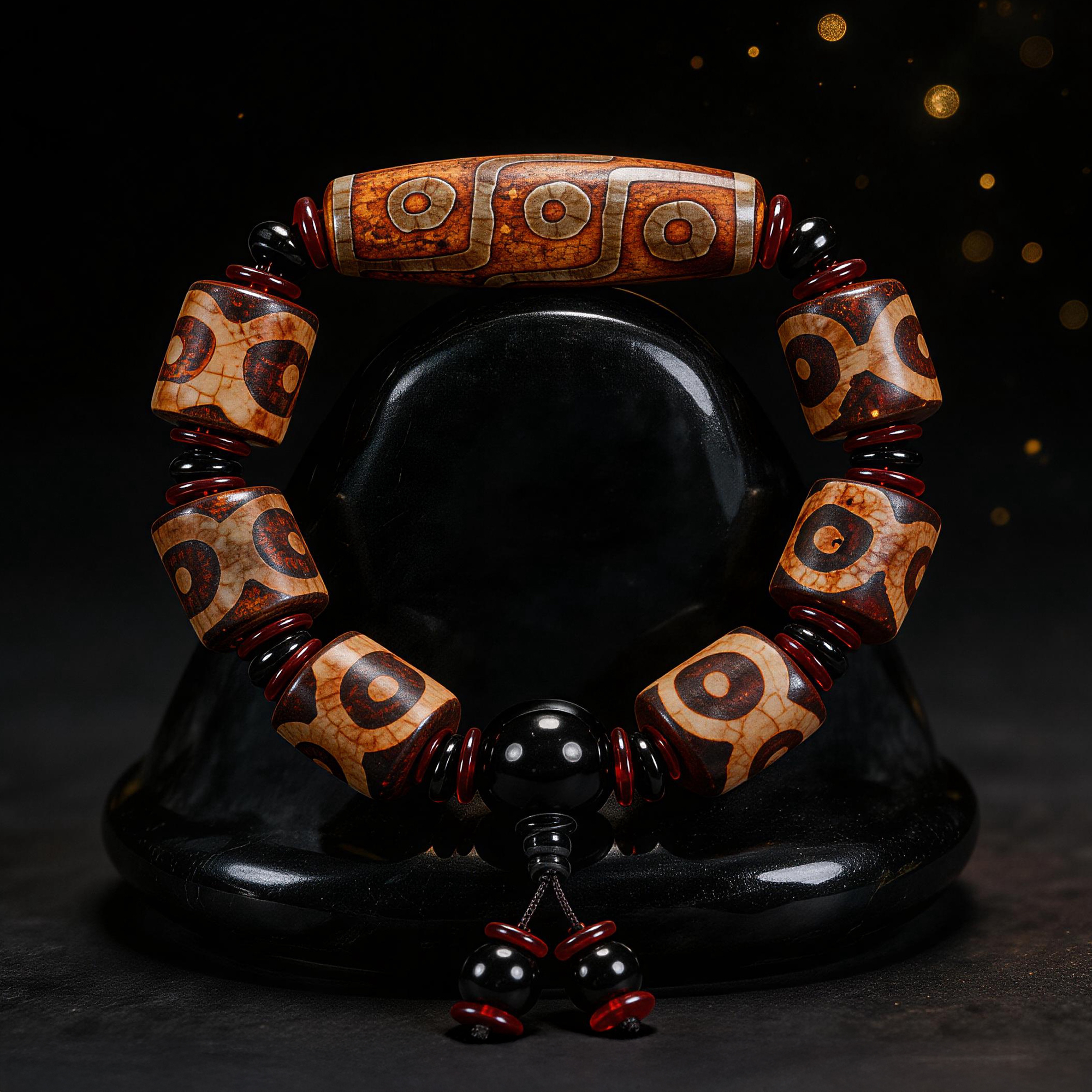 Three & Nine-Eyed Dzi Agate Barrel Bead Bracelet
