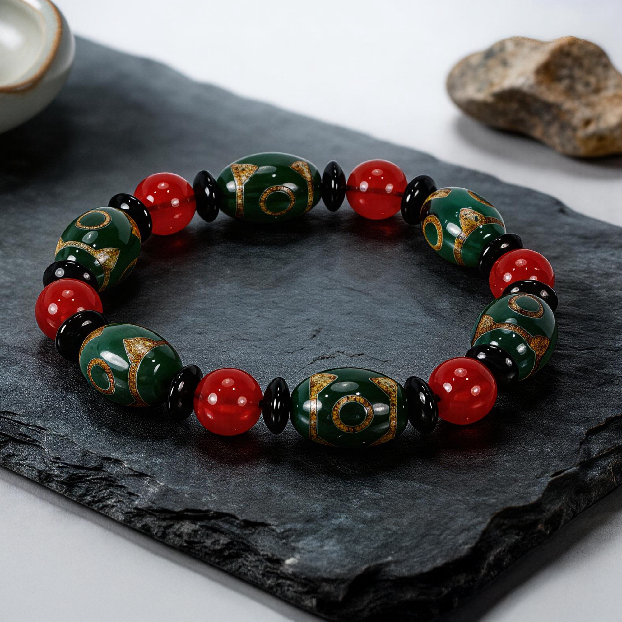 Three-Eyed Dzi Red Agate Barrel Bead Bracelet