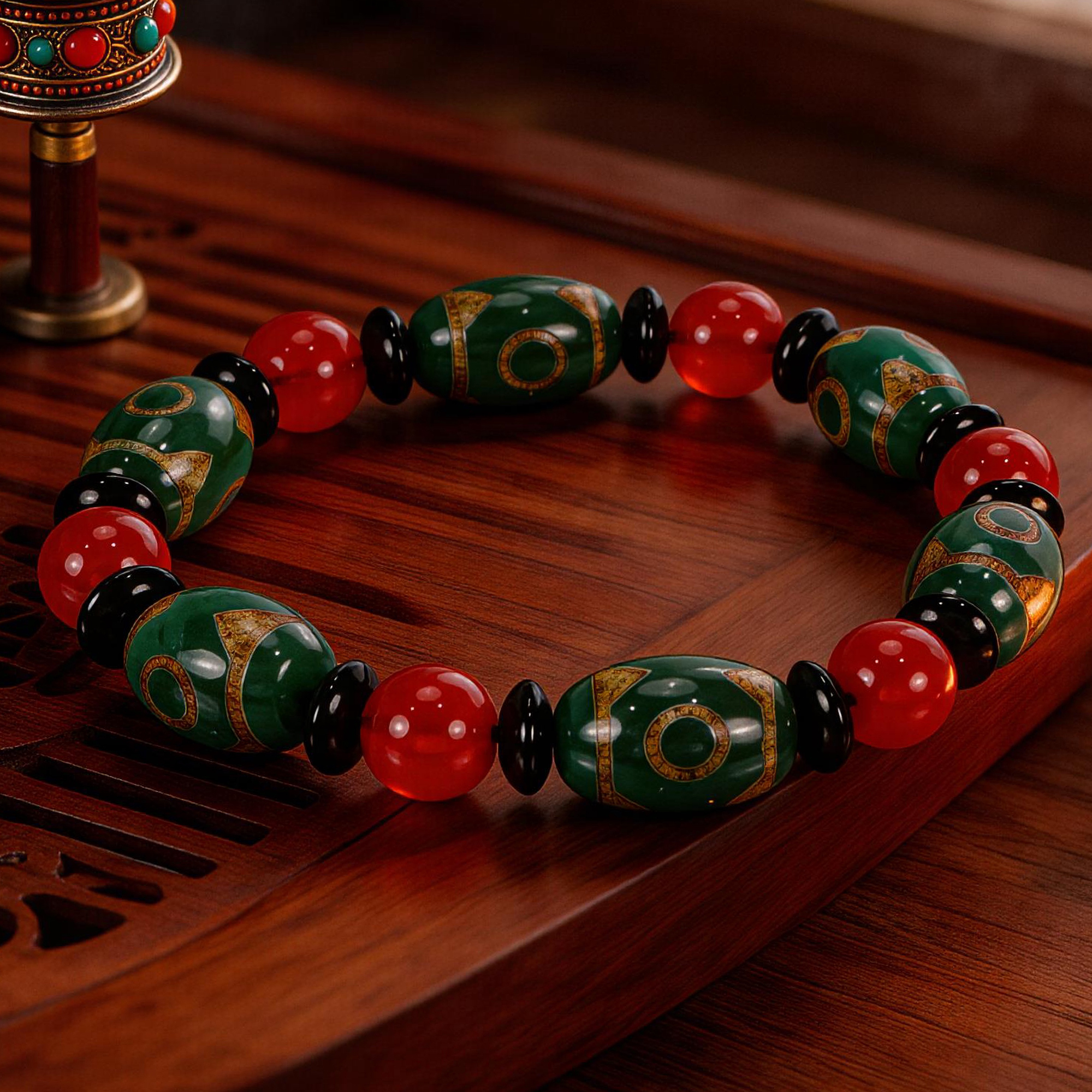 Three-Eyed Dzi Red Agate Barrel Bead Bracelet