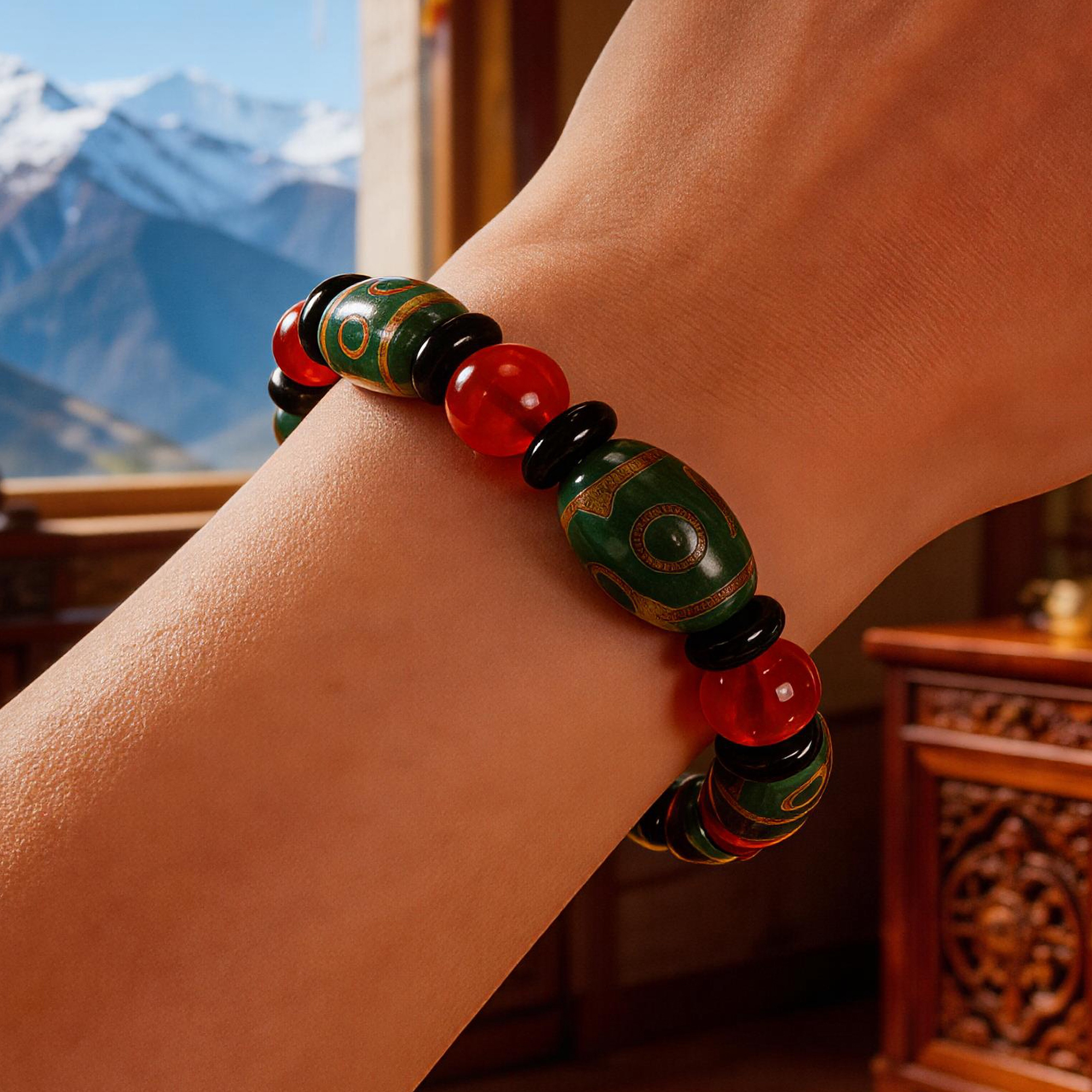 Three-Eyed Dzi Red Agate Barrel Bead Bracelet