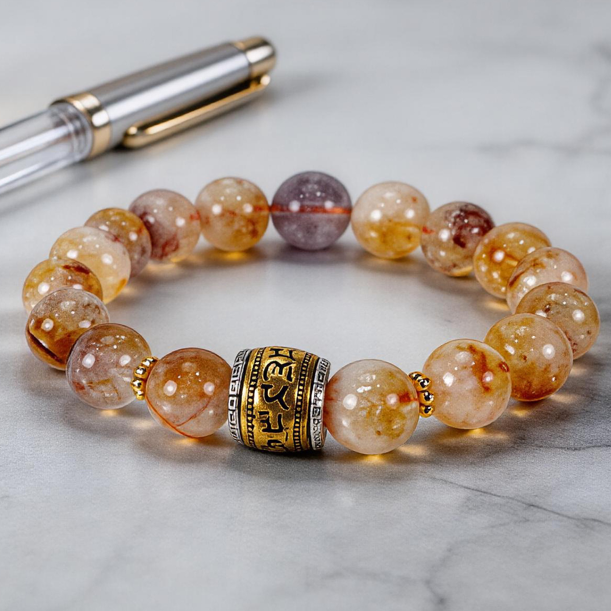 Yellow Tower Crystal & Purple Phantom Six-Word Mantra Beaded Bracelet 10mm