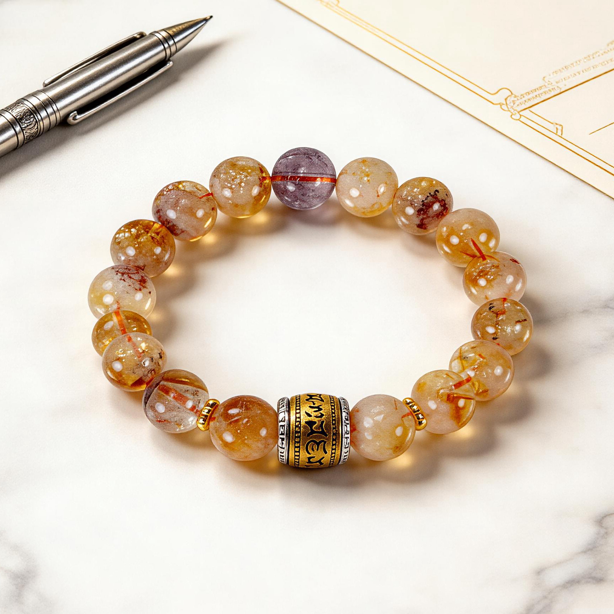 Yellow Tower Crystal & Purple Phantom Six-Word Mantra Beaded Bracelet 10mm