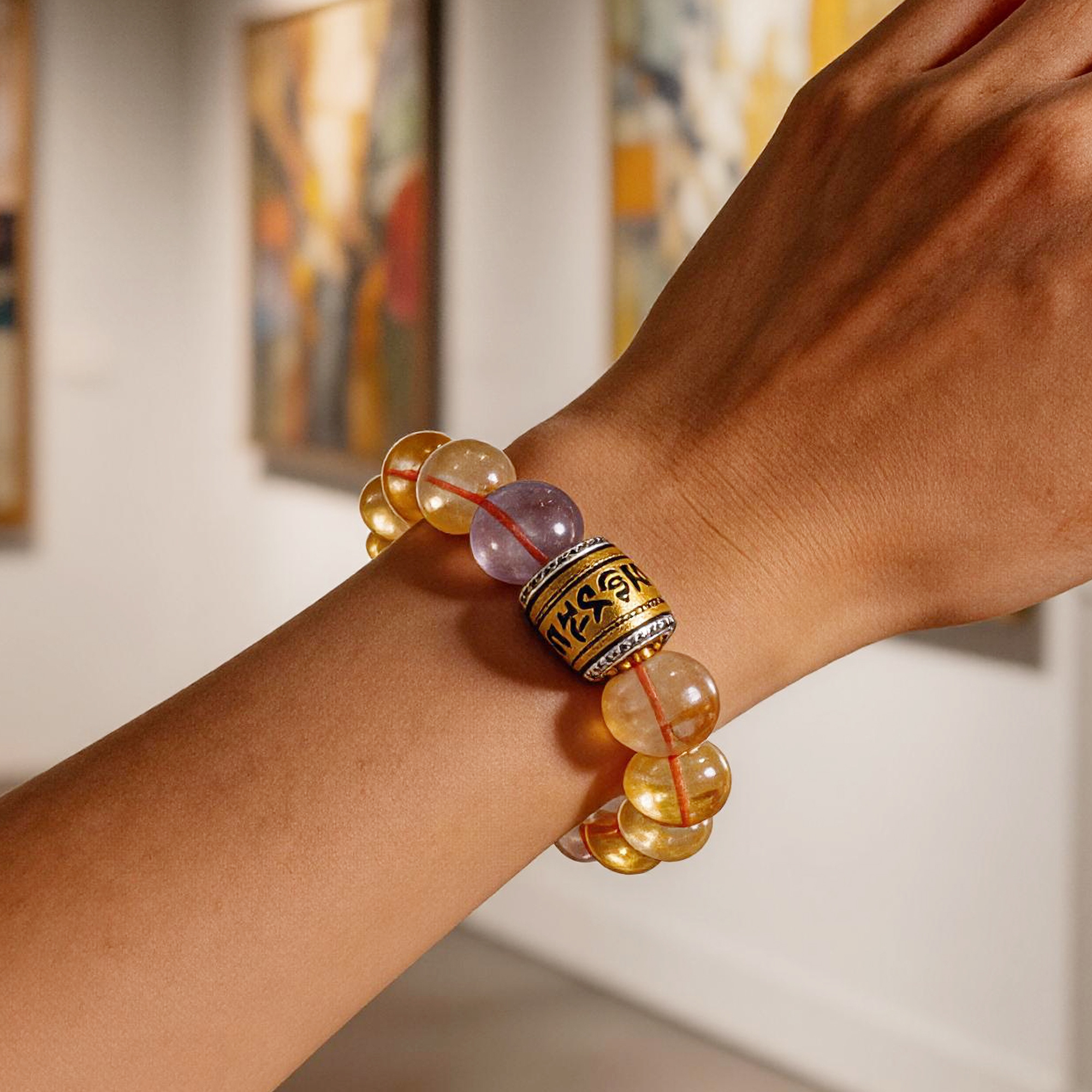 Yellow Tower Crystal & Purple Phantom Six-Word Mantra Beaded Bracelet 10mm