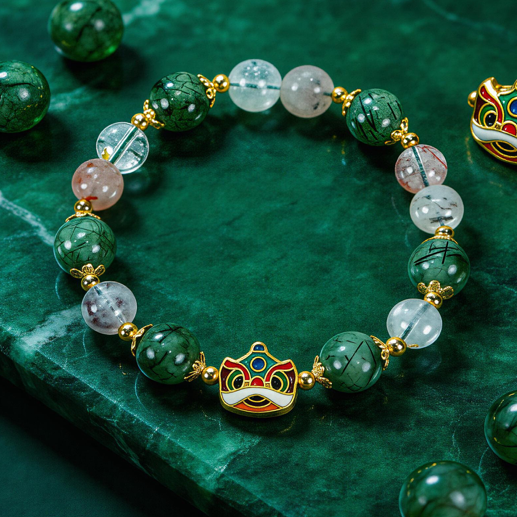 Green Rutilated Quartz & Phantom Stone Awakening Lion Beaded Bracelet