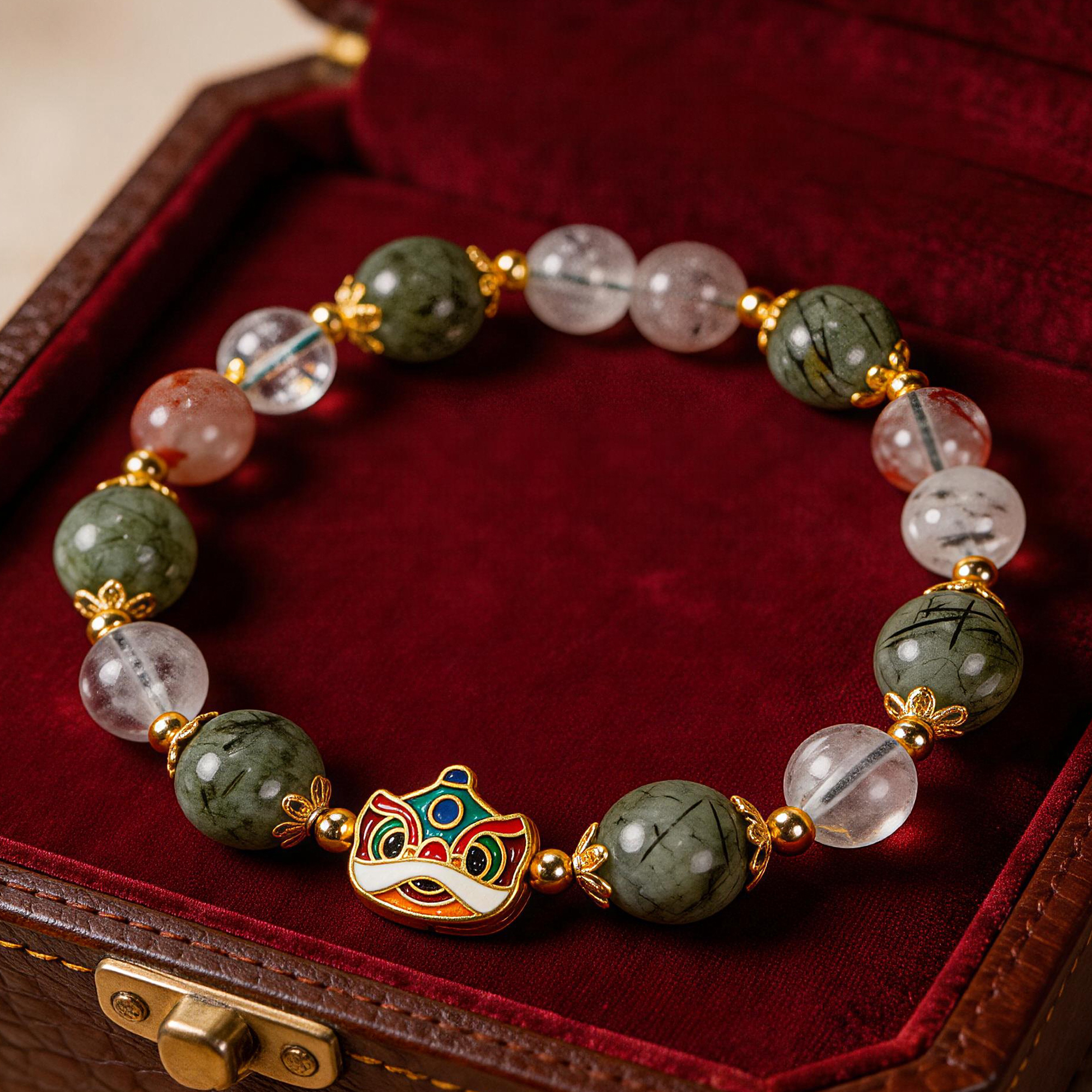 Green Rutilated Quartz & Phantom Stone Awakening Lion Beaded Bracelet