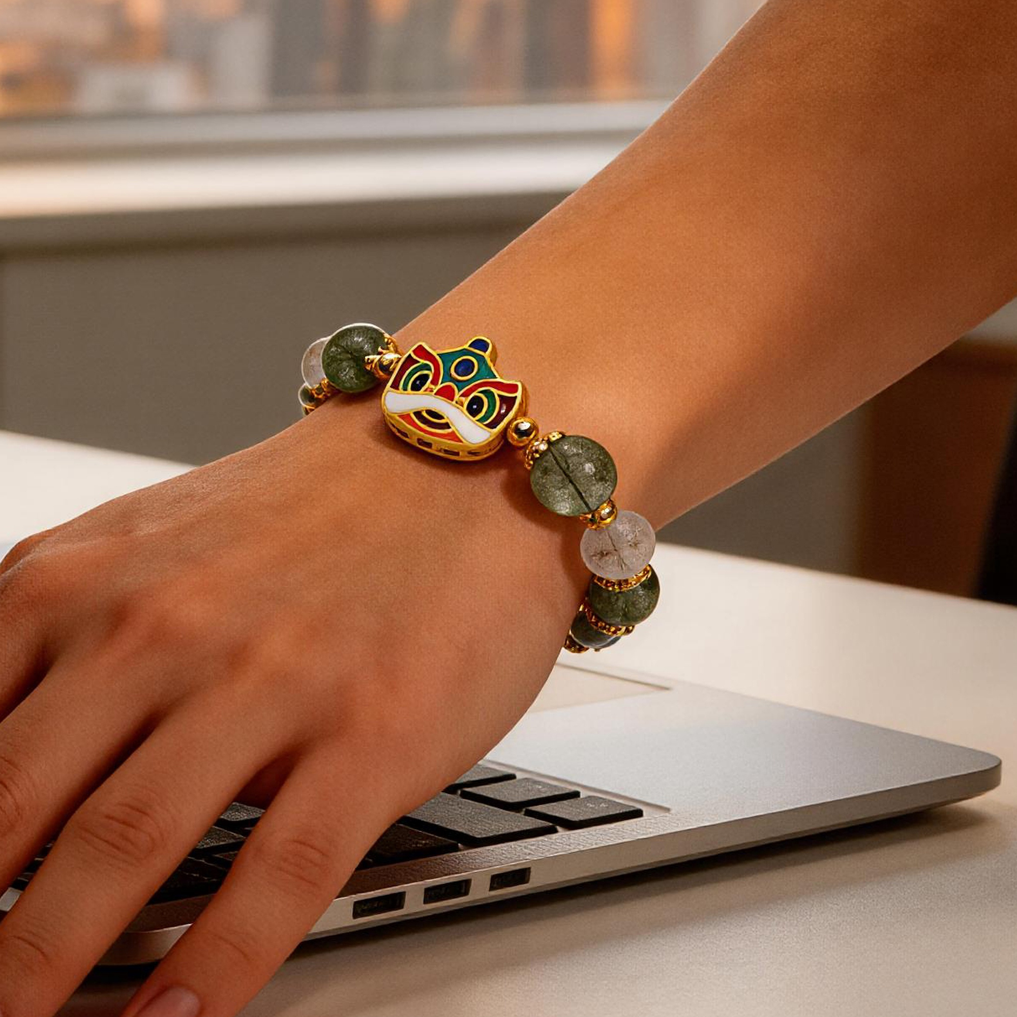 Green Rutilated Quartz & Phantom Stone Awakening Lion Beaded Bracelet