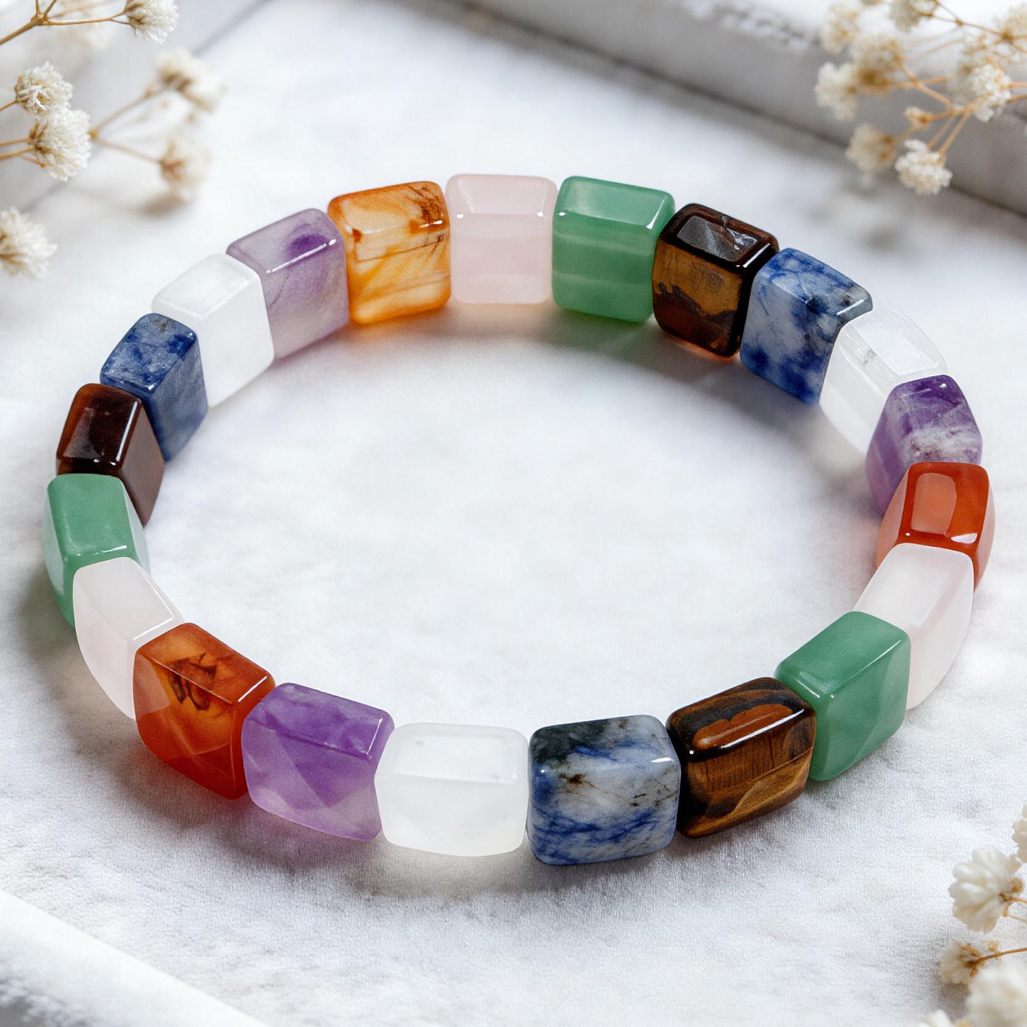 Multi-Stone Crystal Faceted Square Bead Bracelet