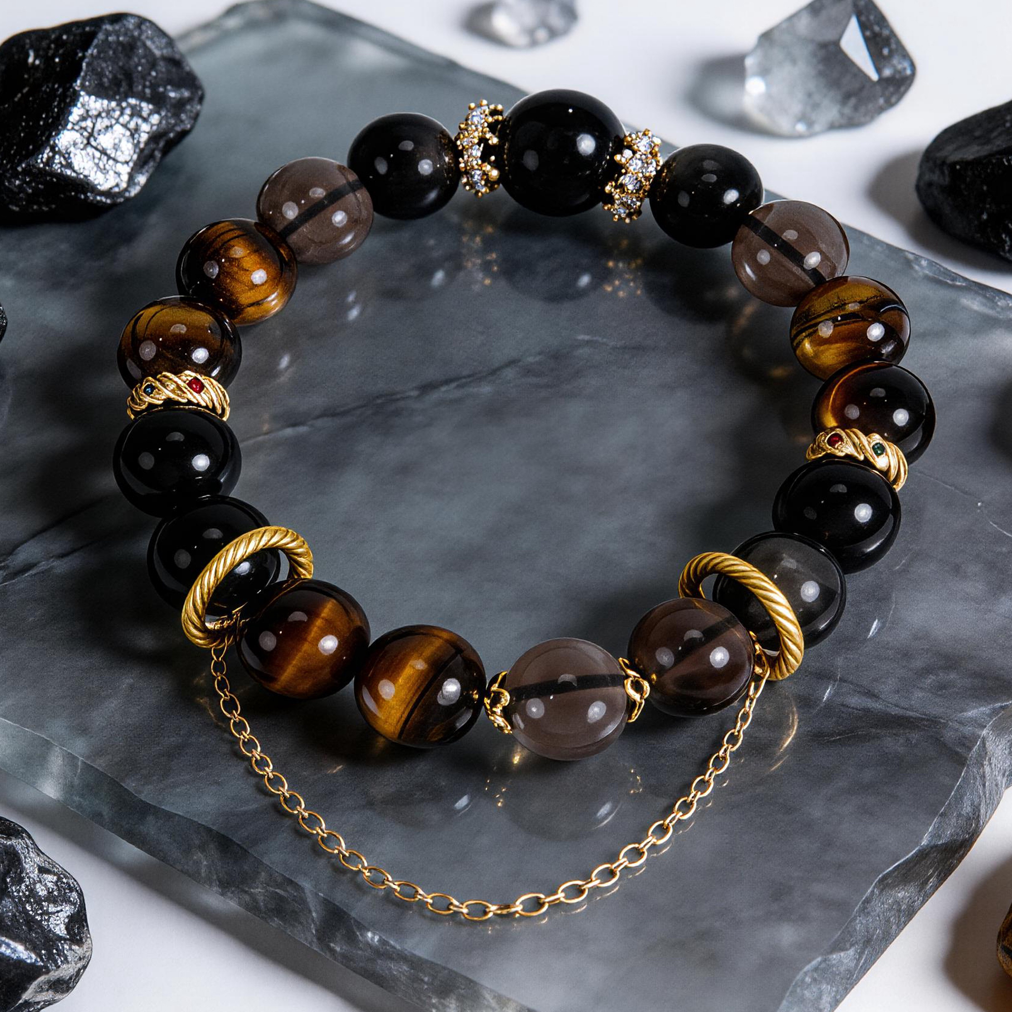 Silver Obsidian, Ice Obsidian & Yellow Tiger's Eye "Dark Sand Gold Flow" Beaded Bracelet