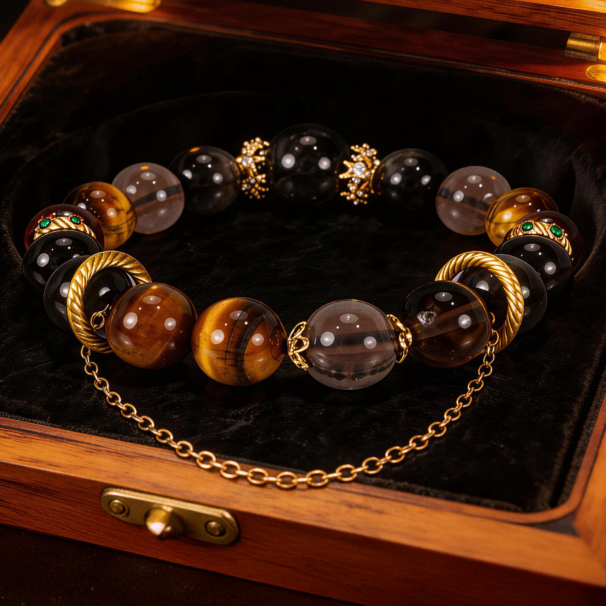 Silver Obsidian, Ice Obsidian & Yellow Tiger's Eye "Dark Sand Gold Flow" Beaded Bracelet