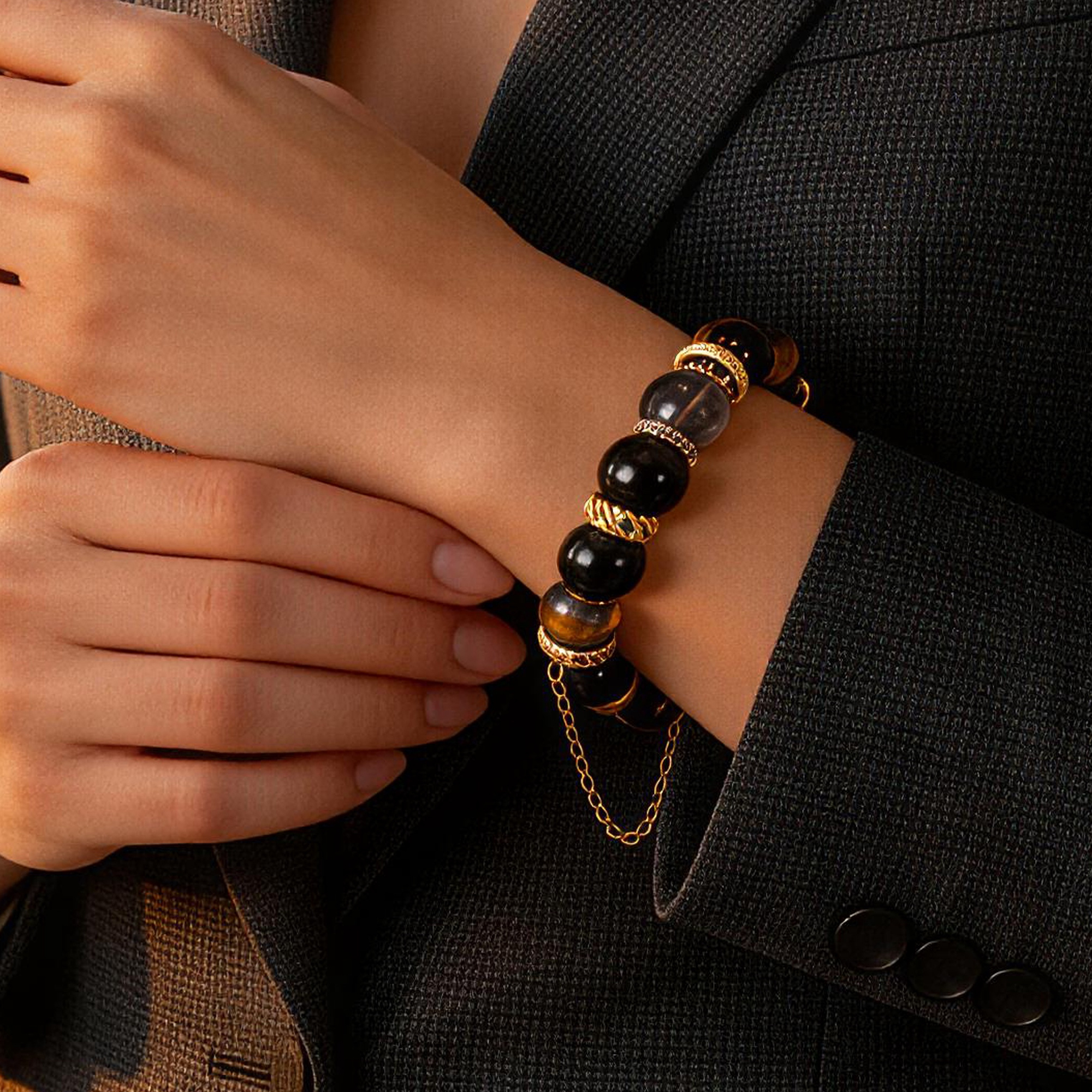 Silver Obsidian, Ice Obsidian & Yellow Tiger's Eye "Dark Sand Gold Flow" Beaded Bracelet