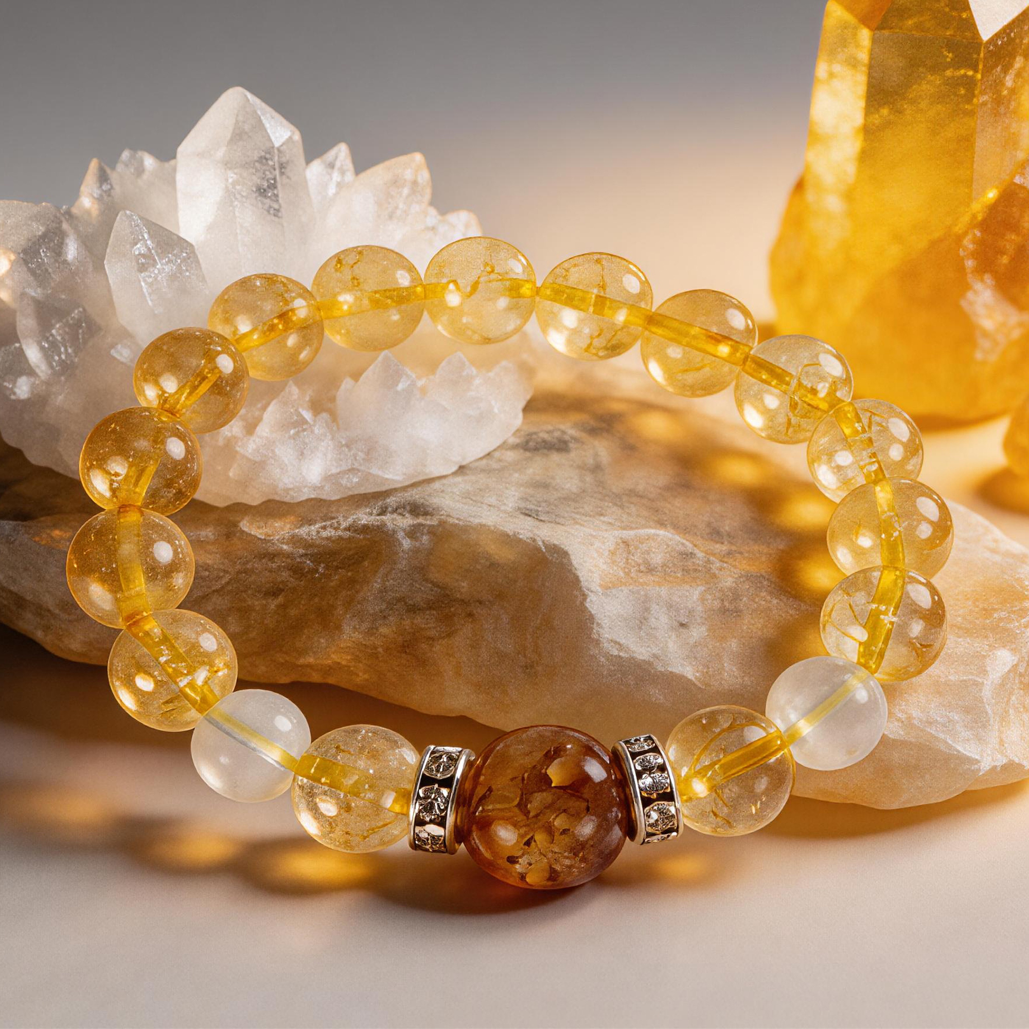 Citrine Yellow Tower Crystal & Clear Quartz Beaded Bracelet 10mm