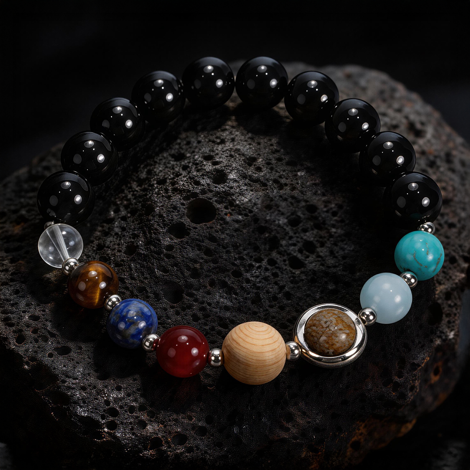 Obsidian Eight Planets Multi-Stone Beaded Bracelet 10mm