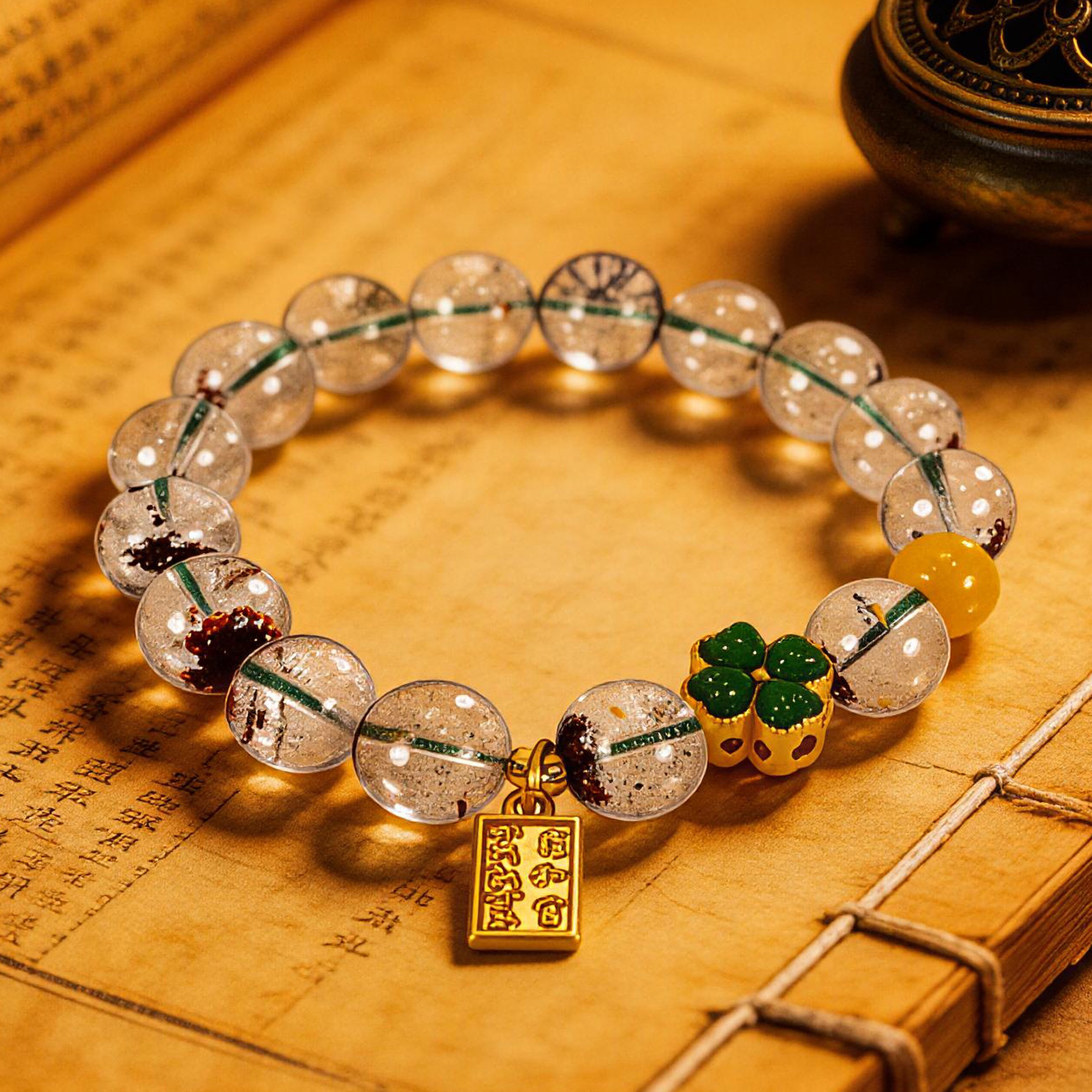 Green Phantom Four Leaf Clover Tassel Beaded Bracelet 10mm