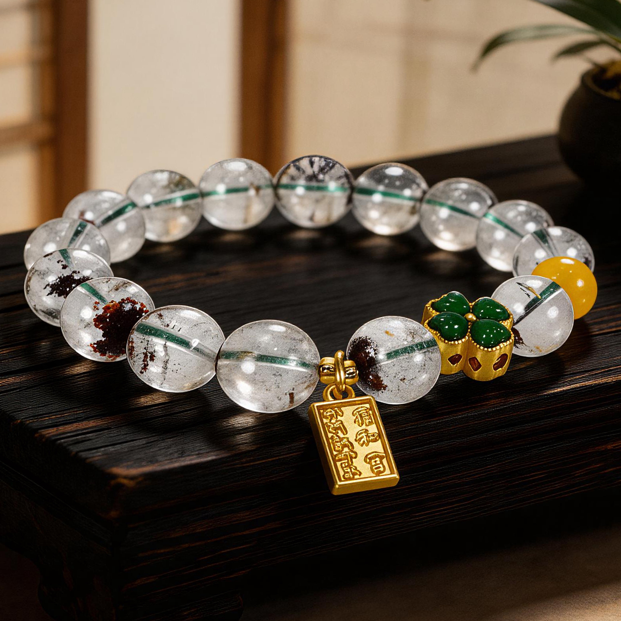 Green Phantom Four Leaf Clover Tassel Beaded Bracelet 10mm